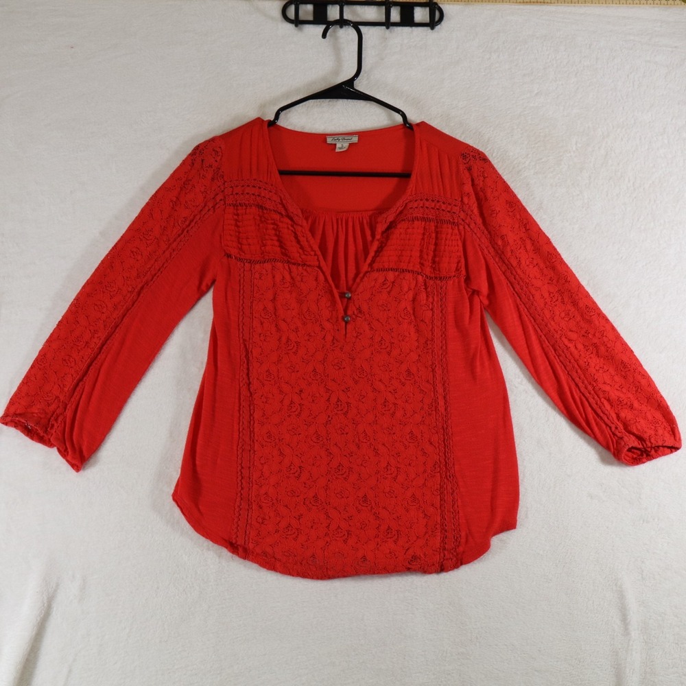 Lucky Brand Women's S Red Embroidered Blouse – Long Sleeve Boho Top